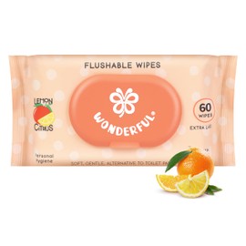 WONDERFUL Flushable Butt Wipes, Lemon Citrus 100% Plant-Based Wet Wipes for Adults & Kids; Sewer, Septic Safe; Gentle for Sensitive Skin, Wipes Flushable Pack for Bathroom & Travel, 1-Pack (60 Wipes)
