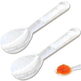 Pack of 2 Caviar Spoons, Shell Spoons, Mother of Pearl Caviar Spoons with Round Handle for Caviar, Egg, Ice Cream, Coffee, Restaurant Serving, Mother of Pearl Spoon, 9 cm