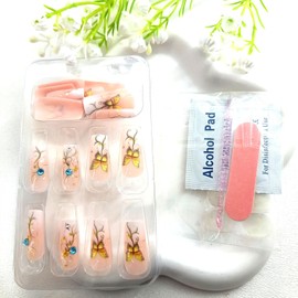 Square Press on Nails Long Fake Nails with Flwoer Yellow Butterfly Design Rhinestones Glue on Nails Gradient Nail Press ons White French Tip Artificial Stick on Nails for Women 24Pcs