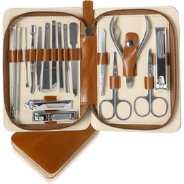 Kit de Manicura y Pedicura EUARD de 17 Piezas - Instrumentos de Acero Inoxidable (Cortauñas, Tijeras, Pinza, Limador, Espátula, Sacabarrillos y Más) - Incluye Estuche de Viaje Elegante - Ideal para Mujeres y Hombres（Marrón）