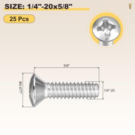 METALLIXITY Phillips Cross Recessed Countersunk Head Screws Bolts (1/4"-20x5/8") 25Pcs, 304 Stainless Steel Flat Head Woodworking Machine Screws - for Furniture Assembly DIY Projects, Silver