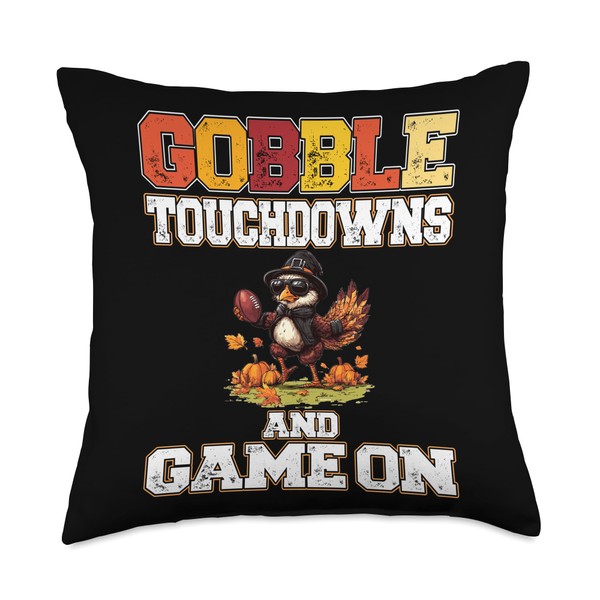 Thanksgiving Football Turkey Gobble Touchdowns and Game on Throw Pillow