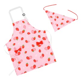 Athbavib Kids Apron, Strawberry, Pink, With Triangle Band, Pockets, Children's Apron, Bib, Adjustable, 19.7 x 23.6 inches (50 x 60 cm), Waterproof, Cotton, Boys, Girls, Kindergarten, Elementary School