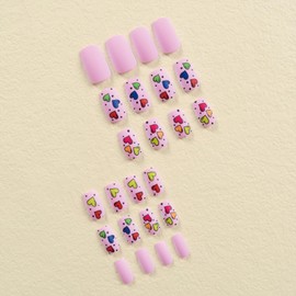 SINHOT Heart Press On Nails - Medium Square Matte Glue On Squoval Polka Dot Acrylic Valentines Day Artificial Colorful Stick On False Nails With Design - 24 pcs