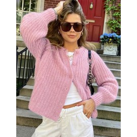Alljoin Women's Fall Cardigan Sweaters Open Front Button Down Casual Long Sleeve Crewneck Chunky Knit Outwear (CA/US, Alpha, Medium, Regular, Regular, Pink)