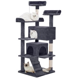 Made4Pets Cat Tree Tower 56in Cat Tower for Indoor Cats Kitten Tree Multi-Level Cat Tree with 2 Condo Furniture Activity Center with Scratching Posts Funny Toys Kittens Pet Play House, Grey