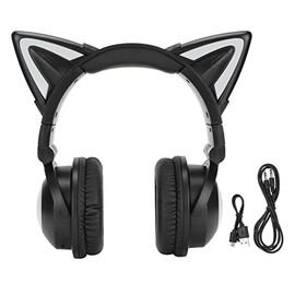 Headset, Cute Cat Ear Wireless Headphone, Stereo Headset with Microphone, LED Headphone for Children, Teenagers, Adult Women and Cat Lovers