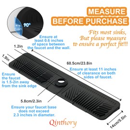 Qinthory Sink Protector Silicone Faucet mat for Kitchen Sink, Handle Drip Catcher Tray, Dish Soap Sponge Holder, Drying Mat for Bathroom Kitchen Sink Splash Guard Accessories (Black, Large)