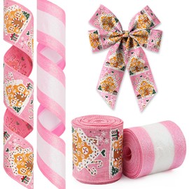 Glodecart 2 Rolls Christmas Ribbon for Wreath Bows Wrapping Gifts, Glitter Gingerbread House Christmas Pink Ribbon for Gift Wrapping Party Supplies Decoration DIY 2.5"X10yd Wired Winter Wreaths Ribbon
