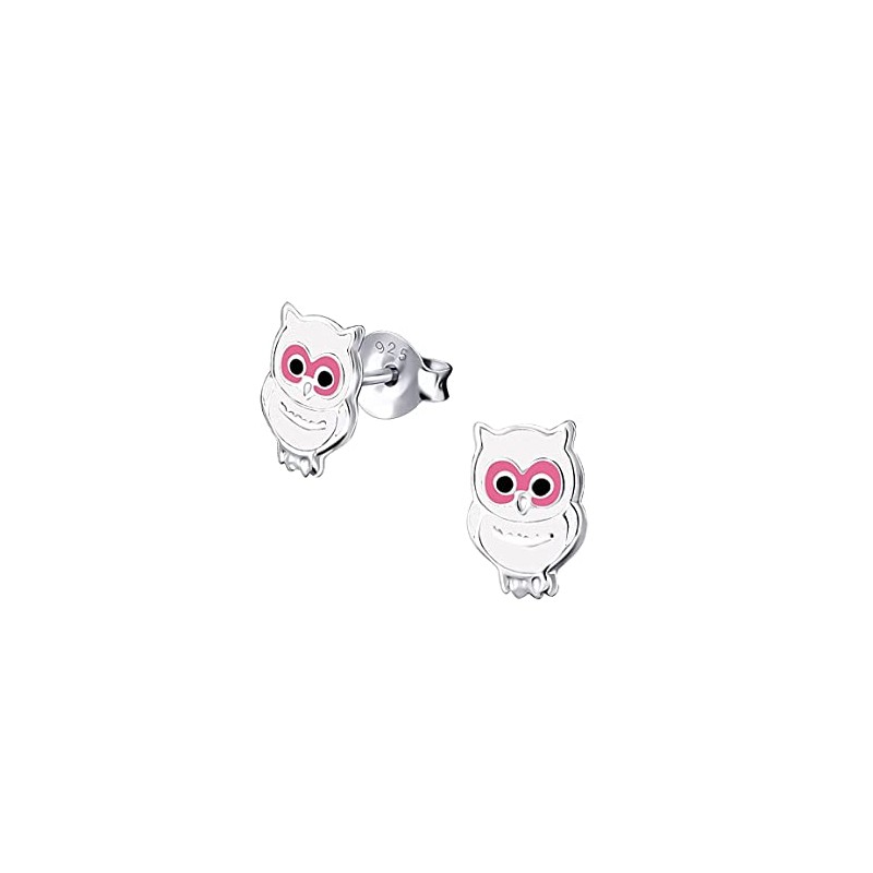 Owl Bird Earrings 925 Sterling Silver White and Pink