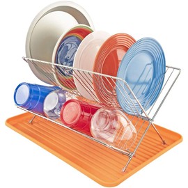 Southern Homewares Dish Drying Rack with Folding Drainer – Orange Kitchen Utensil Organizer for Plates, Bowls, and Cups