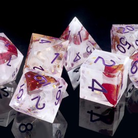 Haxtec Flower Sharp Edge Dice Resin DND Dice Set with Dice Case 7PCS Red Rose Polyhedral D&D Dice Set for Role Playing Dice Games Dungeons and Dragons Gifts