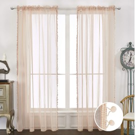 MISS SELECTEX Linen Look Pom Pom Tasseled Sheer Curtains - Rod Pocket Voile Semi-Sheer Curtains for Living and Bedroom, Set of 2 Curtain Panels (52 x 84 inch, Blush)