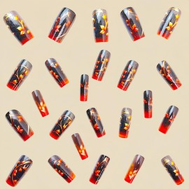 24 Pcs Black Ombre Press on Nails Medium Square - YEFIUO Bling Fake Nails Press ons French Nail Art Tips Full Cover Acrylic False Nails Glue on Nails Kit with Glossy Stretch Branch Design for Women