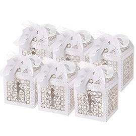 LEMESO 50 Cajas Papel para Dulces Recuerdos de Fiestas Boda Cajas Blanco de Cruz Hueco para Bautizo Bebe shower Decoración Boda con 50 Cintas de Seda y 50 Etiquetas