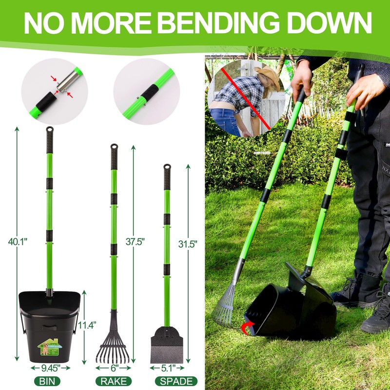 LANNEY Pooper Scooper - 38" Long Adjustable Metal Handle Dog