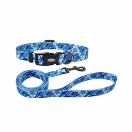 Olahibi Dog Collar and Leash Combo Set, Camouflage Pattern, Polyester Material, 150CM Matching Leash, for Medium Dogs.(M, Blue Camo)