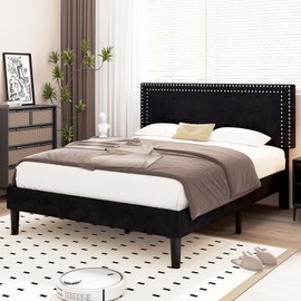 VECELO Queen Size Bed Frame with Adjustable Upholstered Headboard, Wooden Slats Platform, Noise-Free Design, No Box Spring Needed, Easy Assembly