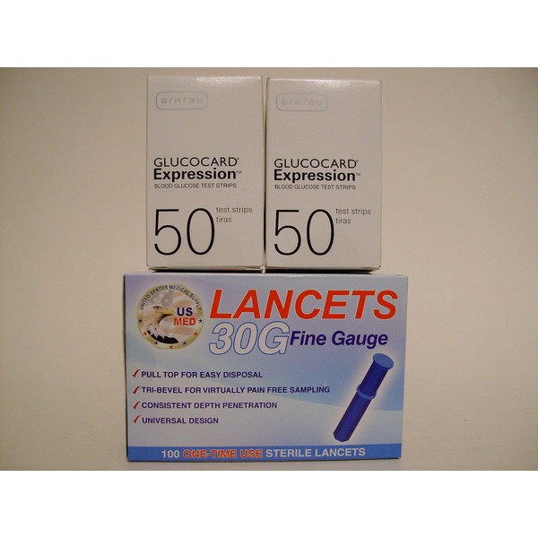 100 Arkray Glucocard Expression Test Strips & 30G Lancets