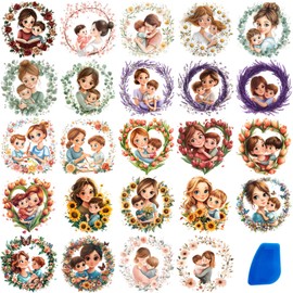 ZMRU 24 Sheets Vintage Mom Rub On Transfers for Crafts, Cold IOD Transfers Stickers for Wood，Furniture Decals, Glass, Porcelain, Leather, Canvas, Fabric Projects,3 * 3inch(Surrounded by Mom)