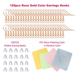 Rose Gold Earring Hooks - 120 PCS/60 Pairs Hypo-allergenic Rose Gold Plated Ear Wires Fish Hooks for Jewelry Making, Jewelry Findings Parts with 120 PCS Rubber Earring Backs Stopper for DIY Earrings