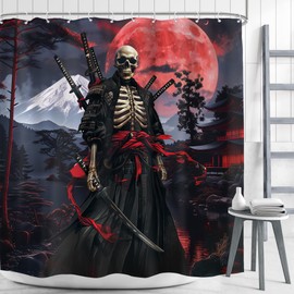 Mitpok Japanese Anime Shower Curtain 72Wx72H Asian Samurai Gothic Skull Skeleton Black Red Spooky Cool Bathroom Decor Vintage Mountain Sun Nature Landscape Bath Curtain Fabric Polyester 12 Pack Hooks
