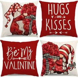 Valentine's Day Pillow Covers 20x20 Roses Love Heart Gnomes Valentines Day Decorations Be My Valentine Throw Pillow Covers Hugs and Kisses Wedding Cushion Case for Sofa Couch Set of 4