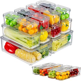BREEZEE Set de 14 Organizadores Drenables para Refrigerador + 8 Mini Tuppers, Tamaños Diferentes, Plástico Rígido Diseño Apilable con Tapa, Contenedores Multifuncionales de Cocina para Organización