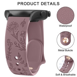 Floral Engraved Bands Compatible with Garmin Vivoactive 6/Vivoactive 5/3/3 Music Watch Bands, 20mm Soft Silicone Flower Pattern Sport Replacement bands for Garmin Venu Sq/Venu Sq 2/Venu/Forerunner 165/55/245/245/645 Music (Smoke Violet/Pink Sand/Starligh