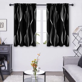 Deconovo Blackout Back Tab Curtains with Geometric Pattern, Room Darkening, Heat Blocking, Energy Saving Drapes for Bedroom, Living Room, 2 Panels, Black, 42W x 63L Inch, Wave Stripe