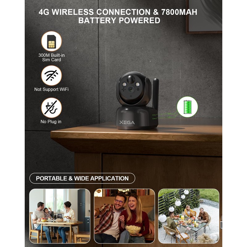 Xega 4G Cellular Security Camera Indoor Portable, 2K No WiFi