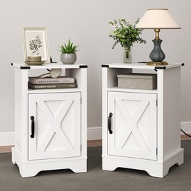 RoyalCraft Nightstand Set of 2, White End Table with Charging Station, Tall Farmhouse Bedside Table with Large Storage and Shelf, Wooden Side Table with for Bedroom, Home Office, White