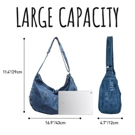 FUKEFUKEUS Denim Shoulder Bag for Women,Canvas Tote Messenger Bag with Zipper,Large Casual Crossbody Hobo Handbag Denim Purse