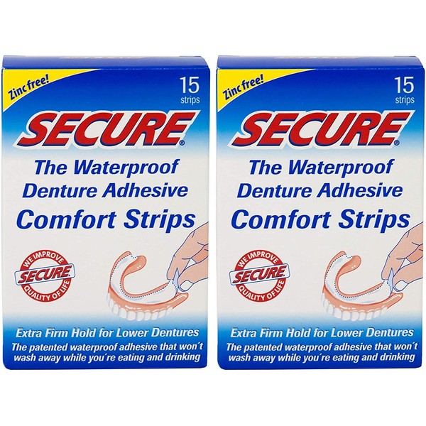 Secure Comfort Strips Waterproof Denture Adhesive - Zinc Free - Extra Firm Hold For Lower Dentures - 15 Count (Pack of 2)