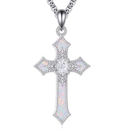 TIGER RIFER Moissanite Cross Necklace 925 Sterling Sliver Opal Cross Necklace Religious Pendant Jewelry Christian Gifts for Women