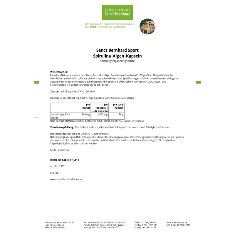 Sanct Bernhard Sport Spirulina Algae Capsules 360 Capsules
