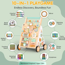 Weilim Wooden Baby Walker, 10-in-1 Montessori Push Walker for Toddlers 1+
