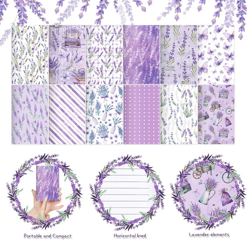 12 Pack Purple Lavender Small Pocket Notebook Journals,Flower Butterfly Floral