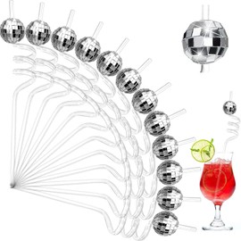 Pack of 12 Disco Ball Straws, Disco Party Straws, Reusable Straws, Curly Party Straws, Disco Party Straws, for Birthday Party Accessories, 70s Themed, Silver (A)