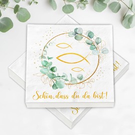 Pack of 40 Napkins Eucalyptus Green + 60 Wooden Fish Scatter Decoration, Decorative Boy Girl Communion, Christening, Confirmation, First Communion, Table Decoration Party Gifts, Guest Gifts, Wooden