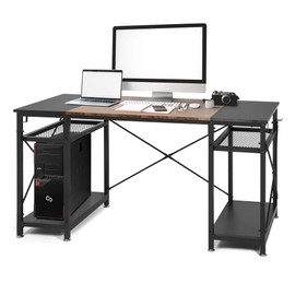 LUCKYERMORE 47 Inch Home Office Computer Desk, Small Study Writing Desk with Storage Shelves & 4 Hooks, Rustic Black Design, Perfect for Small Spaces