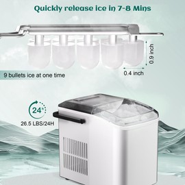 rosmena Bullet Ice Maker, 26.5 lb/24H Counter Top Ice Maker with Self-Cleaning Function, 9 Cubes Ready in 7-8 Mins, Portable Ice Maker Suitable for Home, Office, Kitchen, RV, white S, WBJ-10C