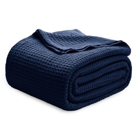 Bedsure 100% Cotton Blanket King Size for Bed - Breathable and Soft, Waffle Weave Blanket for Summer Spring, Pageant Blue, 104x90 inches