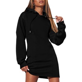 AlvaQ Black Dress 2024 Winter Dresses for Women Fall Fashion Long Sleeve Drawstring Pleated Hooded Mini Sweatshirt Pullover Tops Medium
