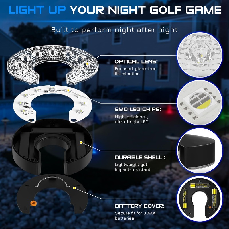 KINGTOP LED Golf Hole Lights (4-Pack) - Battery Operated, Anti-Glare