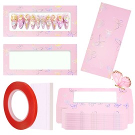 HLQHXWHZT 35 Pcs Empty Press on Nails Packaging Box Set 35 Pcs White Background Papers and 1 Double Sided Tape, Empty Nail Package Box Set for Press on Nail Business (Pink)…