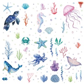 CRASPIRE Sea Life Window Decals Stickers Ocean Turtles Seahorses Whales Shells Starfish Jellyfish Summer Wall Clings Sticker PVC Adhesive Peel and Stick for Home Office Nursery Bedroom Bathroom