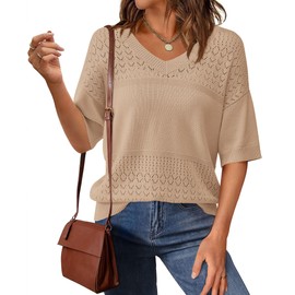 PRETTYGARDEN Women's Short Sleeve Sweater Tops 2025 Spring Summer Casual V Neck Ribbed Knit Trendy Eyelet Blouse T Shirts (Dark Apricot,X-Large)