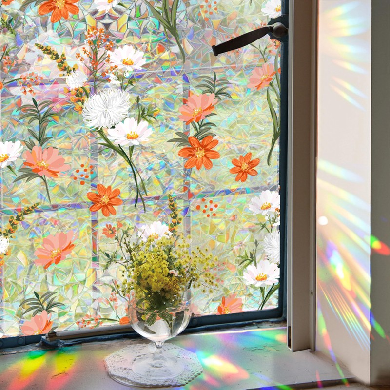 Partslety 39x17in Flowers Window Film, Privacy Static Cling Glass Decal,