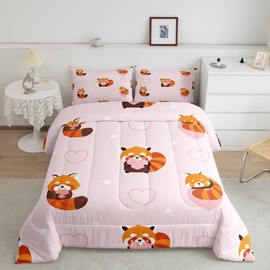 Castle Fairy Cute Red Panda Bedding Set Full Size for Kids Girls Bedroom,Pink Heart Animal Bed Comforter Set,Cartoon Brown Panda Quilt Duvet Kawaii Star Decor 3pcs 1 Bedspread with 2 Pillowcases